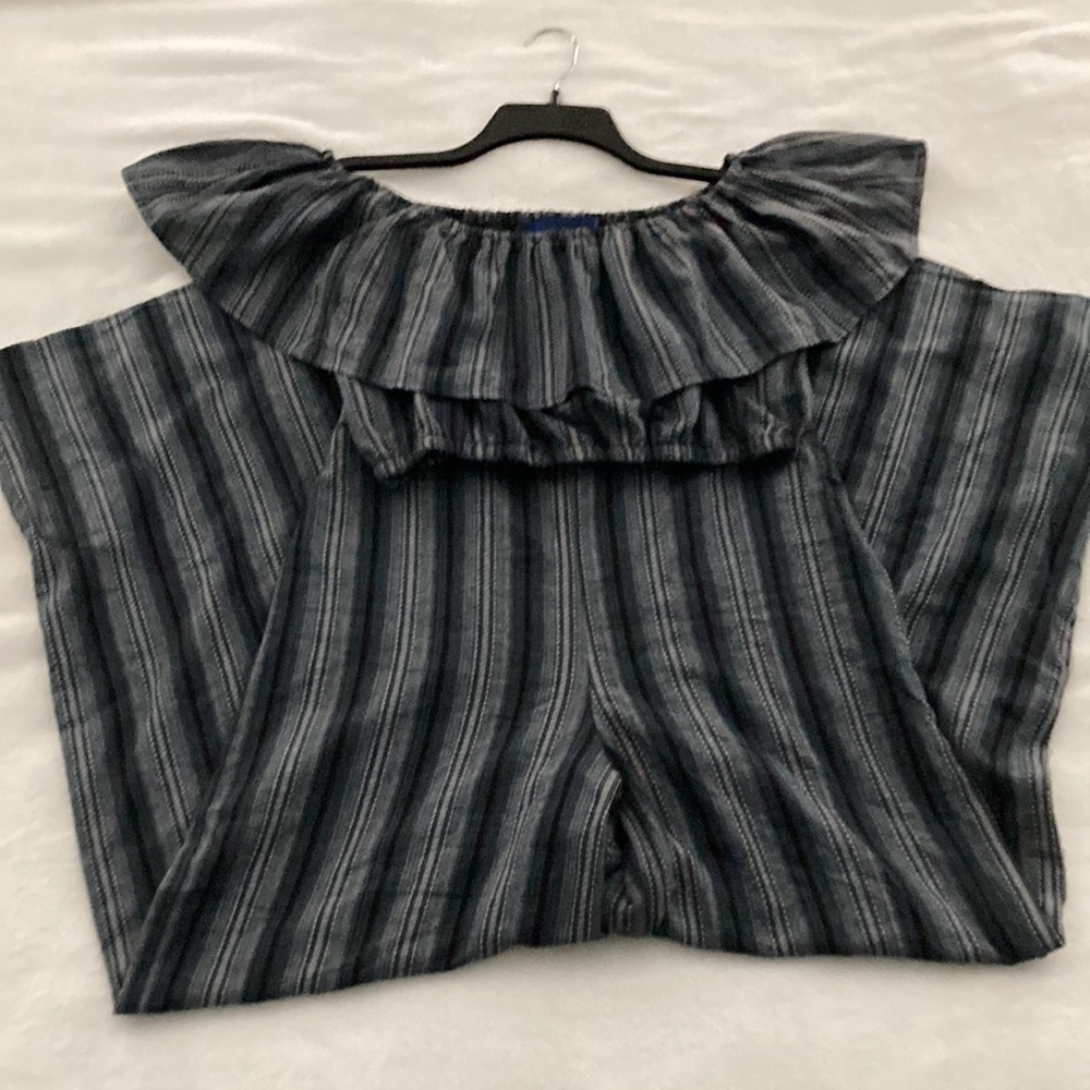 Blue Rain 2 piece set . Small Top , Medium Bottom . Blue, Gray & Black Stripes.